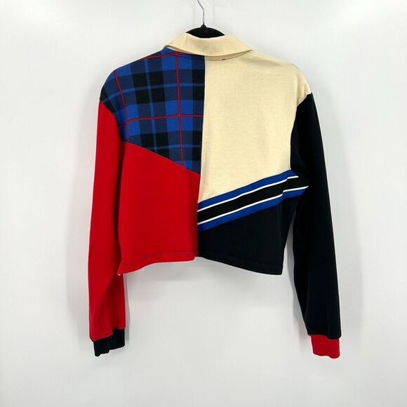 NIKE Womens Red Blue Cream Colorblock Cropped Boxy Long Sleeve Polo Shirt Small - Picture 3 of 8